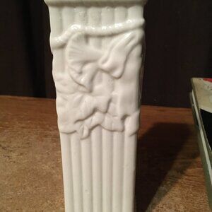 VINTAGE WHITE PILLAR FLORAL DESIGN VASE 8"